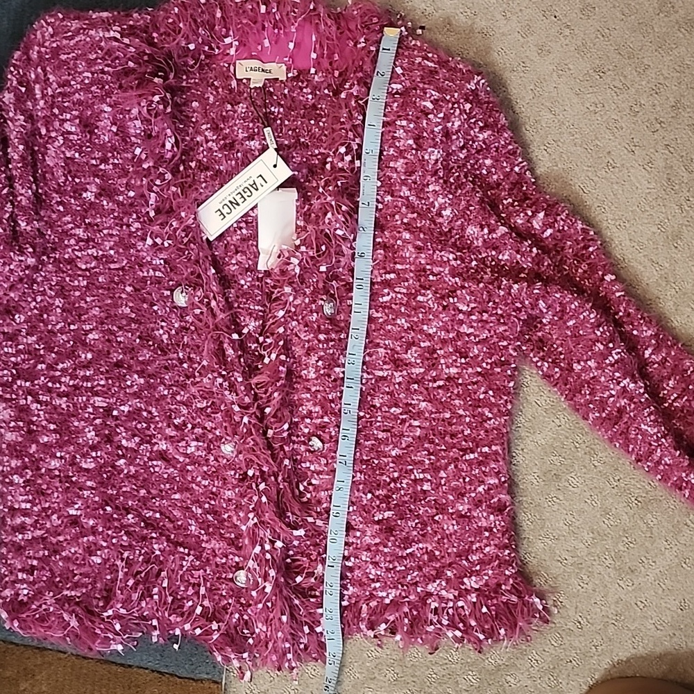 L'AGENCE | Textured Fringe Bouclé Blazer Jacket  | Pink  | XXL - Picture 5 of 6